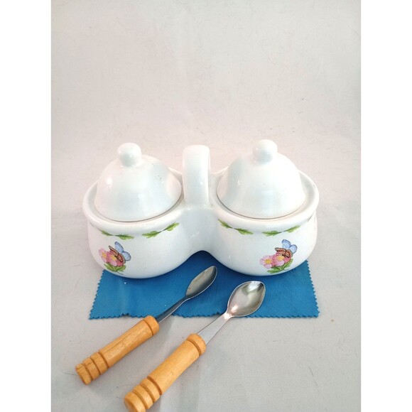 Hallmark Vtg Houston Harvest Cream / Sugar Server Bowl W/ Spoons And Lids - Picture 1 of 6